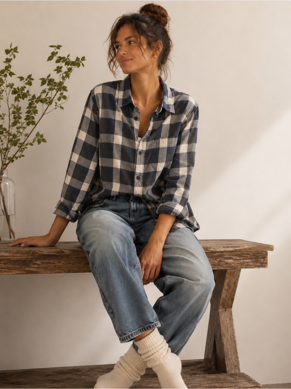 Roots Navy Plaid Flannel Button Down Shirt XS